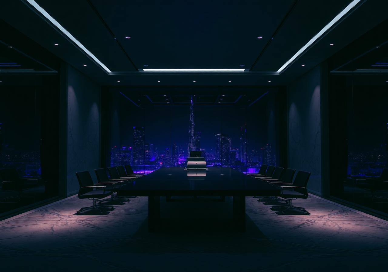 Institutional boardroom in Dubai at night representing tokenized fund structures