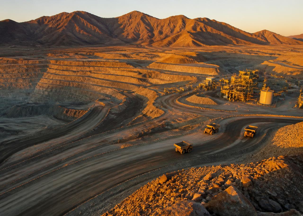Aerial view of an open-pit mining operation with haul trucks and processing facilities at golden hour