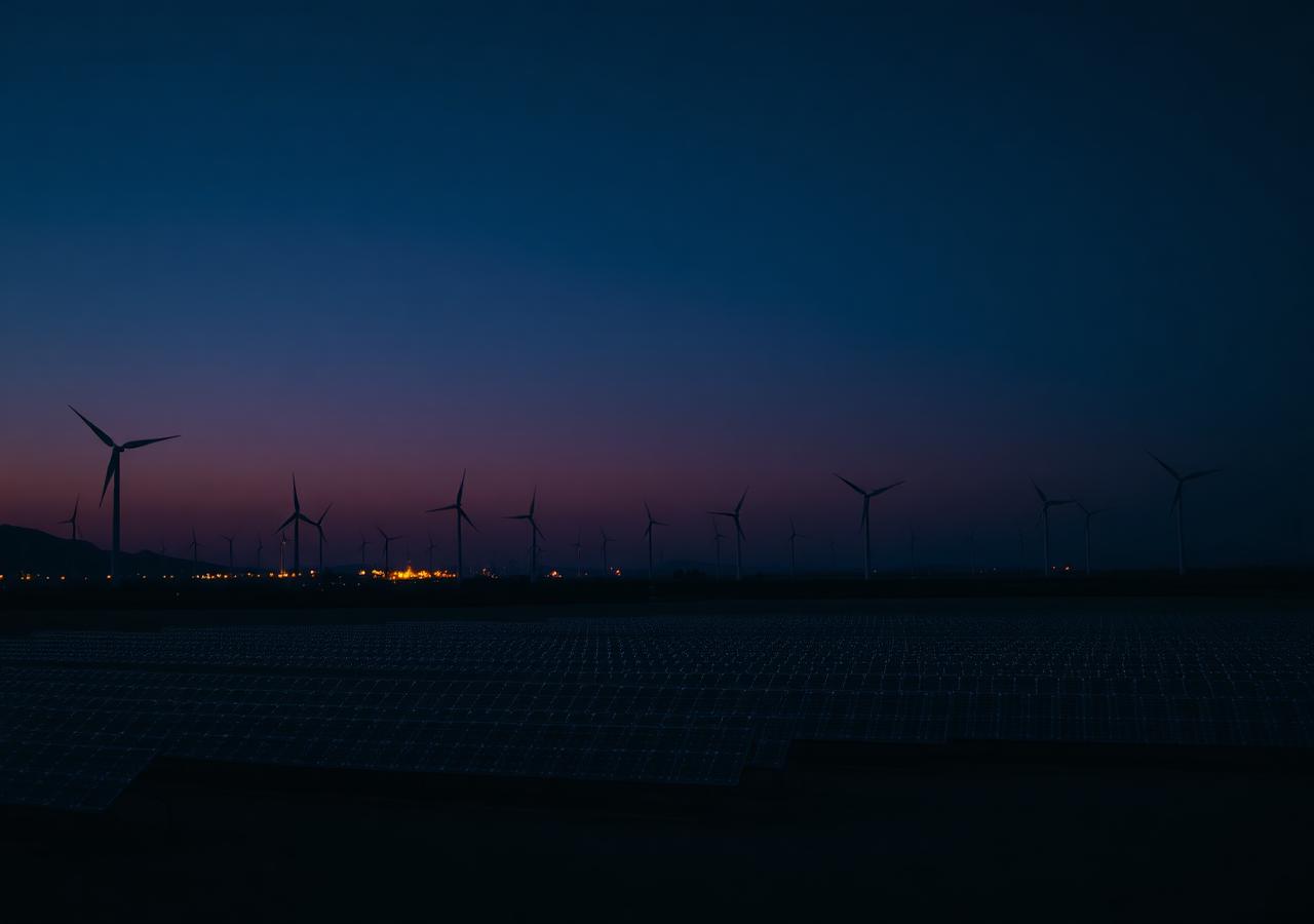 Solar farm and wind turbines at dusk representing tokenized energy & infrastructure assets